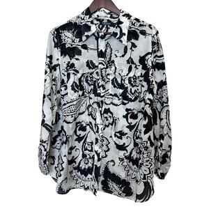 Lauren Ralph Lauren Silk Blend Blouse 1X Black White Paisley Plus Size Work